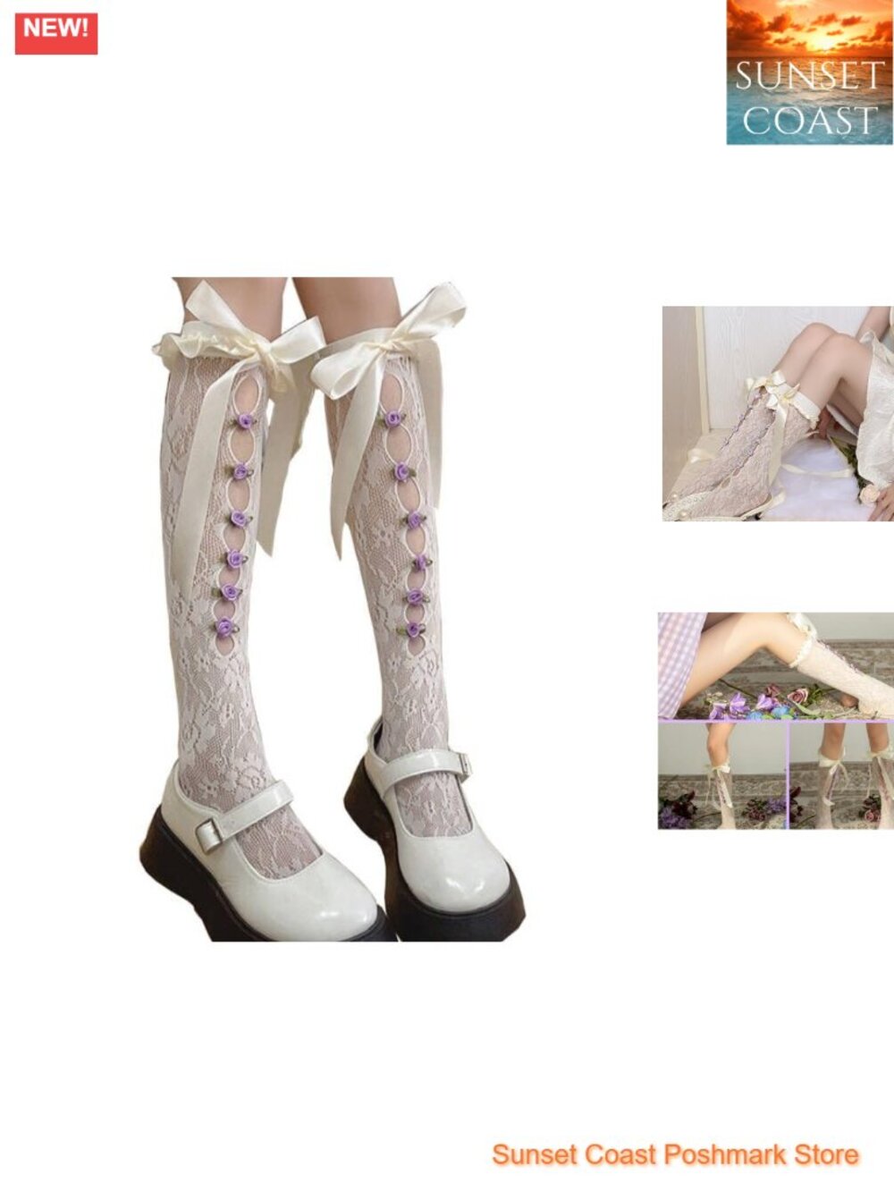 Knee High Socks Sheer Mesh Lace Hollow Out Bowknot Ruffle
